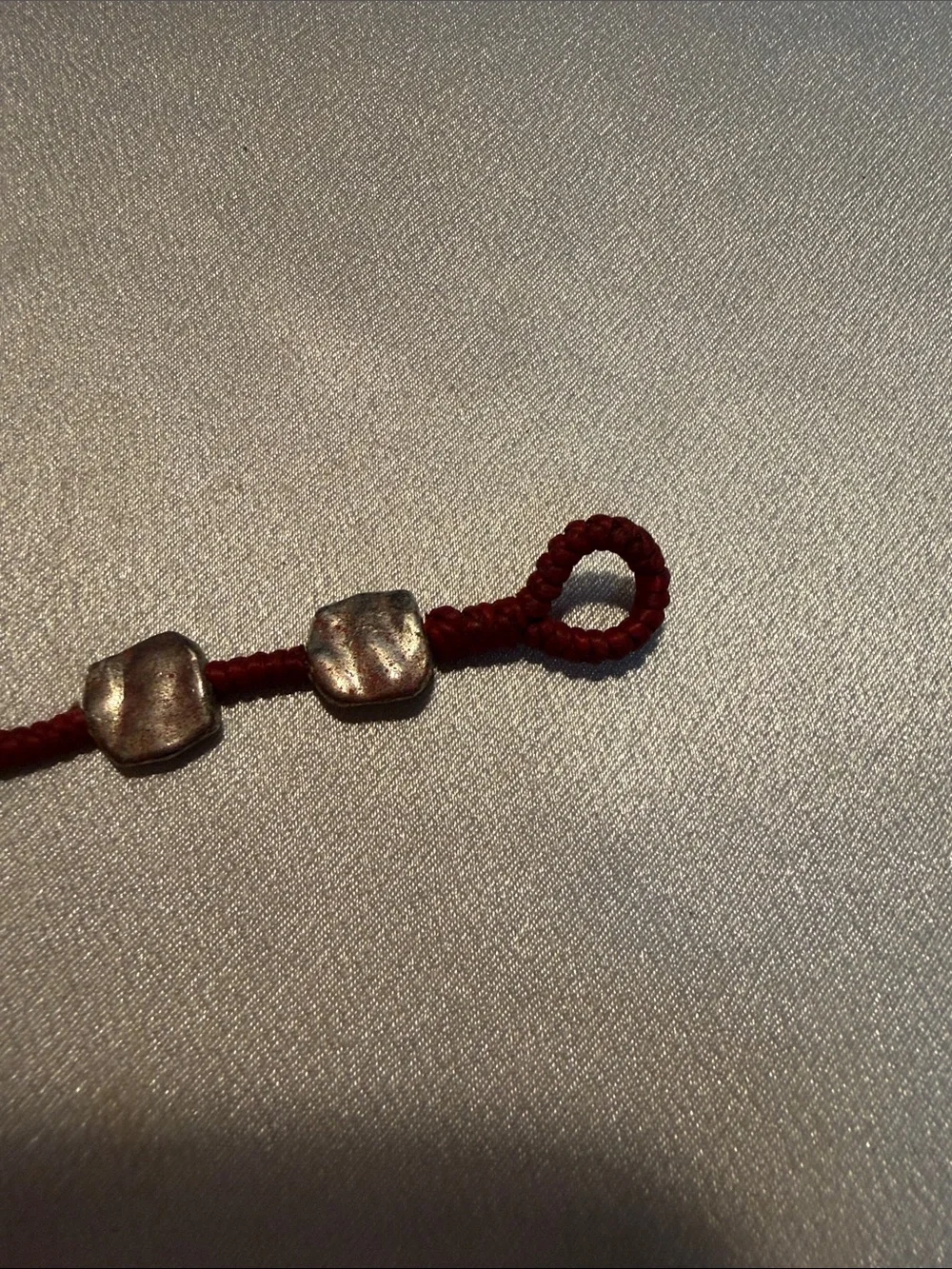 Source Unknown Red Cord Bracelet with Chunky Silver Beads